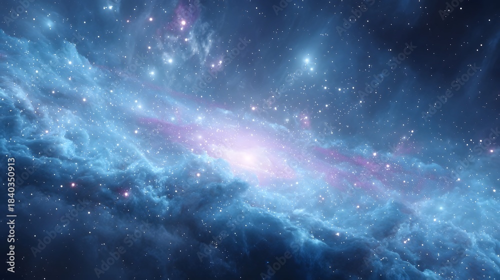 Naklejka premium Vibrant cosmic dust and gas form an ethereal blue and purple nebula illuminated by bright stars and celestial light in the vastness of the universe