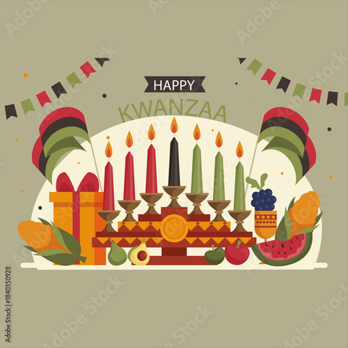 Festive flat design illustration celebrating the Kwanzaa holiday with a kinara sevenbranched candelabrum colorful fruits and pan african flags creating a warm cultural greeting