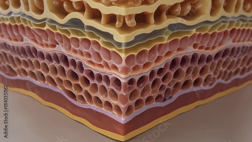 Detailed 3D animation showcasing the intricate layers of healthy human skin, illustrating epidermis, dermis, and subcutaneous tissue for medical and cosmetic science