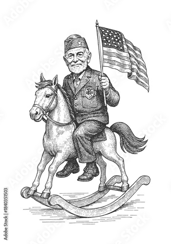 Vintage-style black and white vector illustration of a uniformed man riding a rocking horse while holding a flag, ideal for editorial designs, historical themes, and retro artworks.