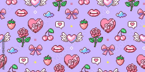 Seamless pixel art Valentine's вay pattern with hearts, roses, bows, lips, cherries on the lavender background. Perfect for gift wrap, textiles, wallpapers, stationery, stickers and cute Y2K designs.