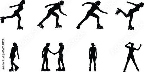 Roller skating silhouette vector, dynamic skating poses, black figure illustration, movement and interaction icons, cad drawing flat vector illustration