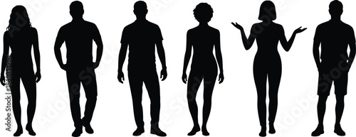 Standing human silhouette vector, casual pose icons, diverse body shapes illustration, posture design set, cad drawing flat vector illustration