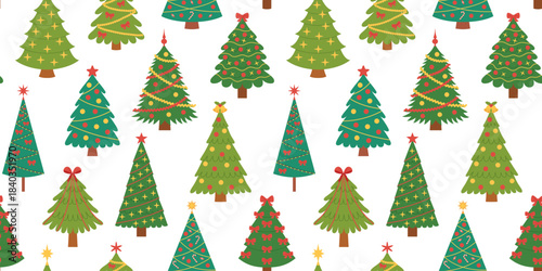 Seamless pattern with colorful decorated Christmas trees in various shapes and styles on isolated background. Vector design for wallpaper, textile, print, crafts, card, winter, holiday, kids graphics.