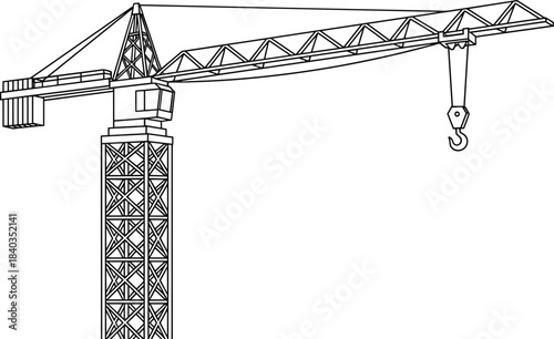 Detailed outline drawing of a tall tower crane with a large boom and hook, symbolizing construction, engineering, heavy lifting, industrial work, and building development projects.