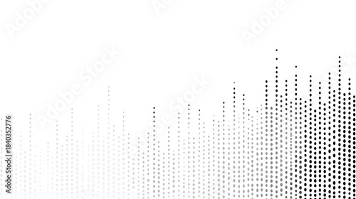 A monochromatic abstract background featuring a wave like pattern of dots that increase in size and density from light gray to black suggesting sound data or progression