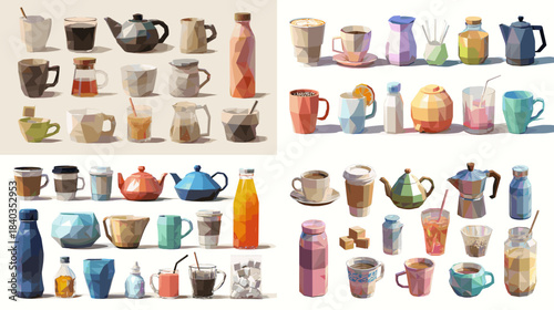 A colorful artistic set of teapots, mugs, cups, bottles, and drink containers in creative geometric shapes perfect for cafe branding, beverage packaging, and cozy lifestyle visuals.