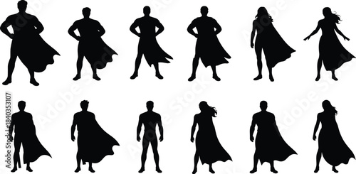 Superhero silhouette vector, heroic pose illustration, dynamic cape icons, flat character design, black shadow figures, cad drawing flat vector illustration
