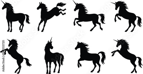 Unicorn silhouette vector, mythical horse icon, fantasy animal pose, magical creature graphic, cad drawing flat vector illustration