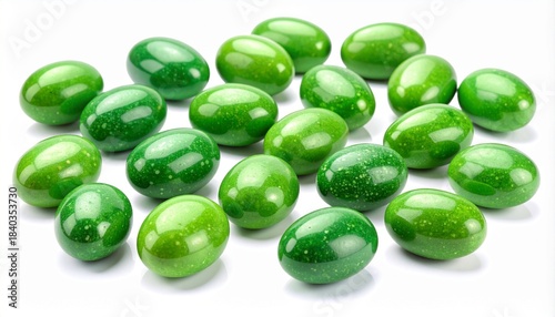 Fifteen green eggs in three rows with speckled and smooth surfaces on light background