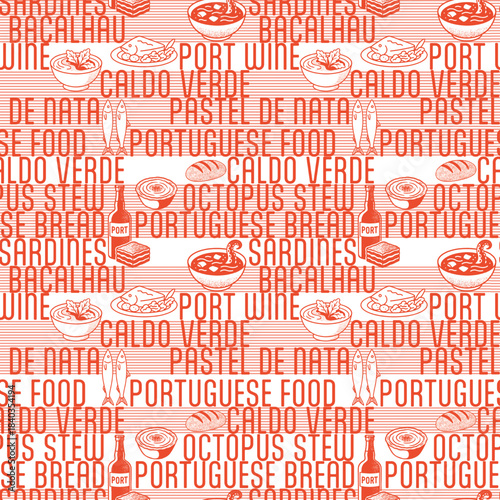 Portuguese Food Typography Seamless Pattern With Traditional Dishes