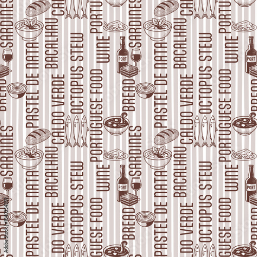 Portuguese Food Seamless Pattern In Neutral Vintage Colors