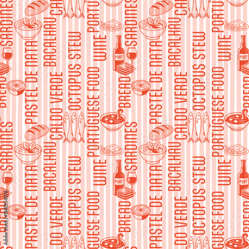 Portuguese Food Seamless Pattern In Vertical Typography Style