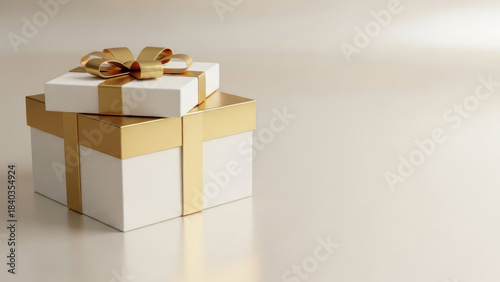 Two white gift boxes with gold ribbons on a beige surface for presents