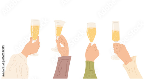 Glasses champagne in hands. Set illustrations human hands holding glasses drinks. Celebration. For New Year, party invitation and festive design.