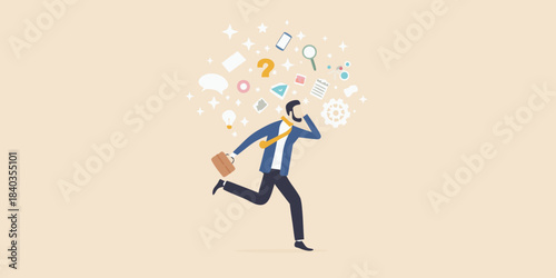 A businessman running with ideas and thought bubbles surrounding his head