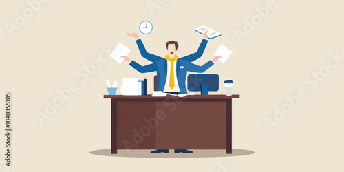 Overworked professional juggling multiple tasks at a busy office desk