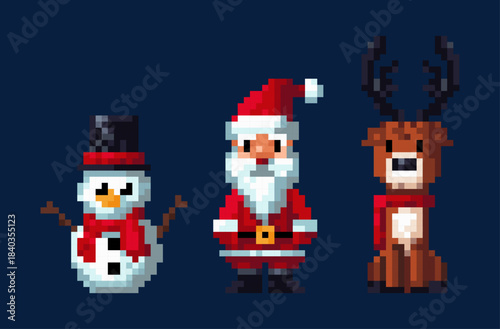 Pixel art Christmas characters of snowman, santa claus and reindeer. Arcade game icon. 8 bits Happy Christmas illustration.