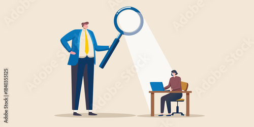 Managerial oversight a large figure inspecting a worker using a magnifying glass