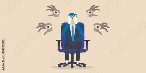 Overwhelmed businessman sitting in chair surrounded by floating eyes