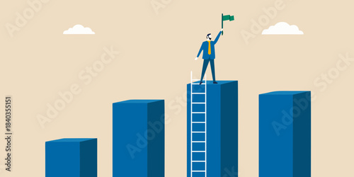 Businessperson reaching the peak of a graph celebrating success and achievement