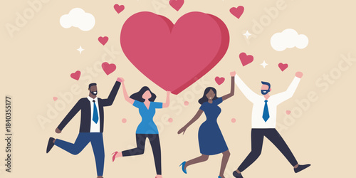 Celebrating love and teamwork people lifting a large heart with joy