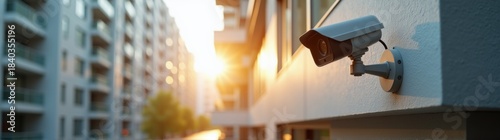 View of a camera mounted on a building in a city
