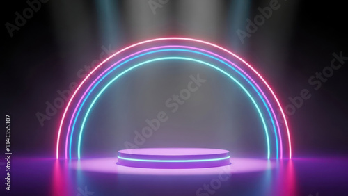 Neon lit purple and blue circular stage with glowing rainbow arch