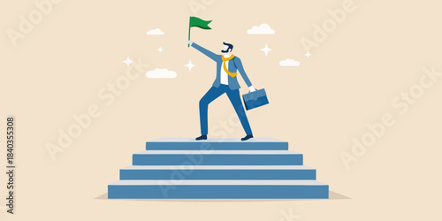 A businessman celebrates success atop a staircase with a green flag