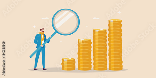 Analyzing financial growth a businessman examines stacked gold coins with a magnifying glass