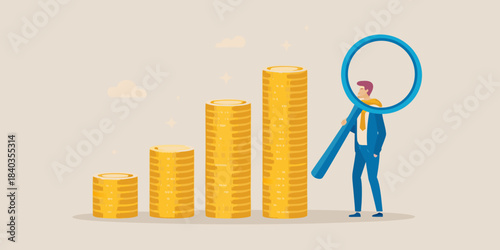 Financial growth illustrated with a man viewing progress through a circular frame