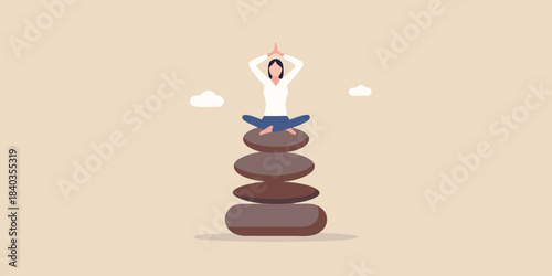 A person meditating on a stack of balanced stones symbolizing peace and harmony
