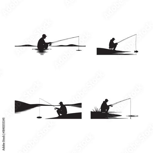 Black Color Man Fishing on Lake Silhouette Vector Art, Solid White Background.