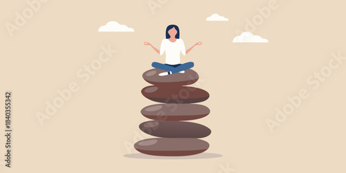 Woman meditating on a stack of balanced stones seeking inner peace