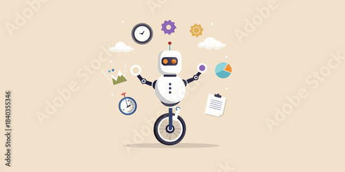 A charming robot balancing on a wheel with various icons surrounding it