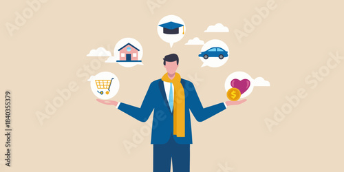 Man balancing life priorities education home car shopping love and finances