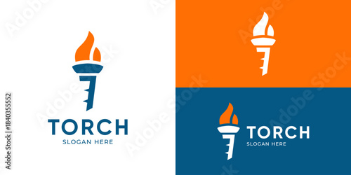 Creative simple torch logo template. Torch fire with pillar logo design vector illustration.