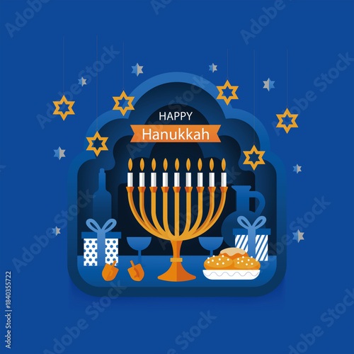 Hanukkah Celebration: A vibrant illustration depicts the joyful festival of Hanukkah, featuring a menorah aglow with candles, symbolic gifts and traditional delicacies on a festive blue background.