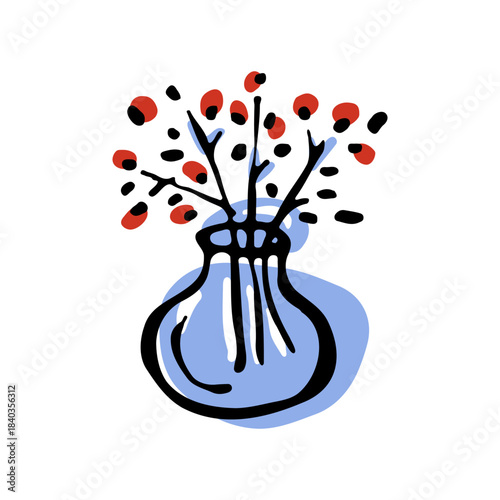 Red Berry Vase. Hand-drawn vase icon in a minimal ink-and-color style, created for branding, packaging, editorial layouts, cozy scenes and modern graphic design.