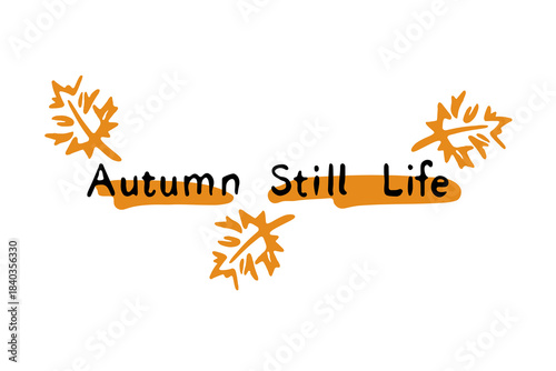 Hand-drawn autumn title design in a minimal ink-and-color style, featuring decorative maple leaves created for branding, packaging, social media visuals, and modern graphic design projects.