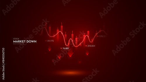Stock Market Crash background. Drop down red arrow business market crisis on world map red dark background. Crisis economy and investment loss graph.