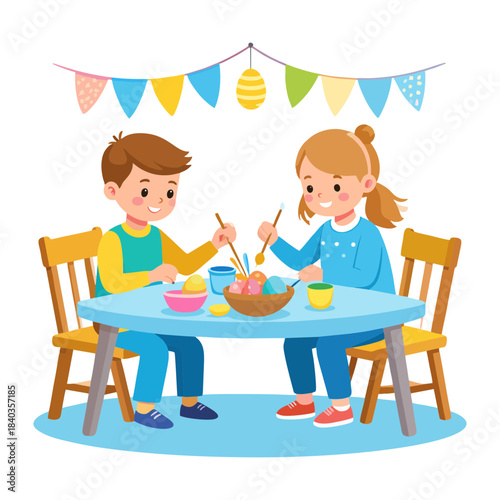 Joyful children decorate colorful Easter eggs together, celebrating the spring holiday with creative art and festive fun at home, embracing a beloved tradition