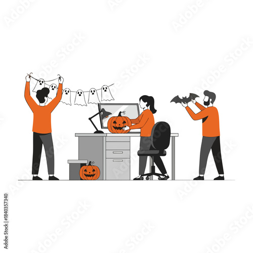 Halloween office decoration with pumpkin carving, ghost garland, and bat cutout
