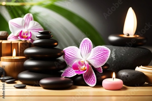 Balanced Spa Stones with Pink Orchid and Candle for Relaxation