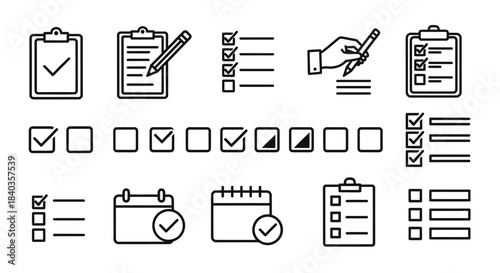 Collection of Black and White Outline Checklist and Calendar Icons.