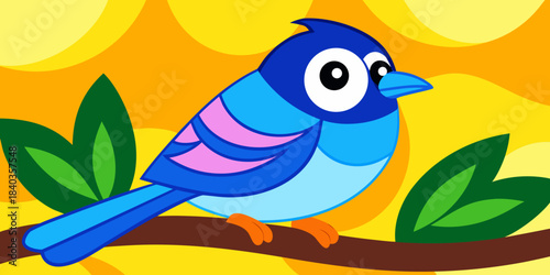 Blue tit bird perched on a branch on a beautiful color background.