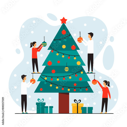 Joyful group of people decorating a magnificent Christmas tree together, hanging colorful ornaments and sparkling lights for a festive winter holiday celebration scene