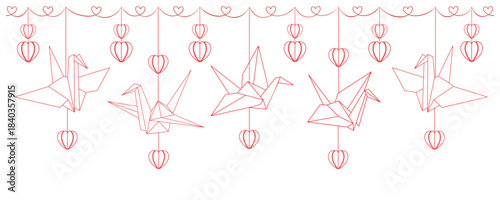 hanging origami paper crane line art style illustration.eps