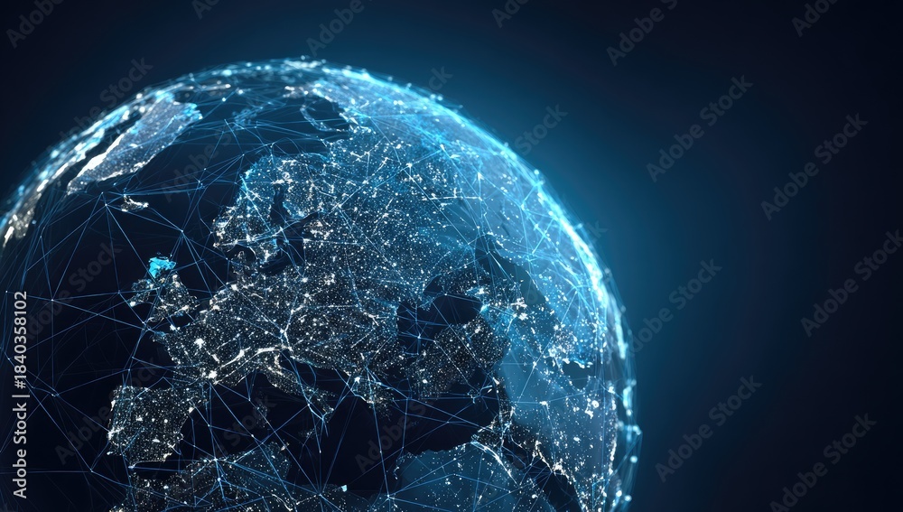 Obraz premium Digital Earth globe showing Europe and Asia, with glowing city lights and network connections