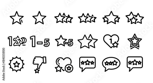 Collection of Black and White Star Rating Icons in Various Configurations.